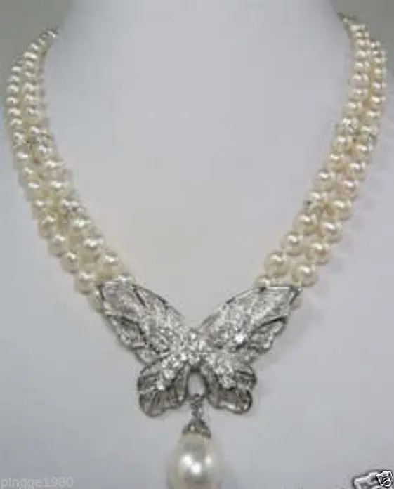 

Hot sale 2 rows White Pearl butterfly pendant necklace