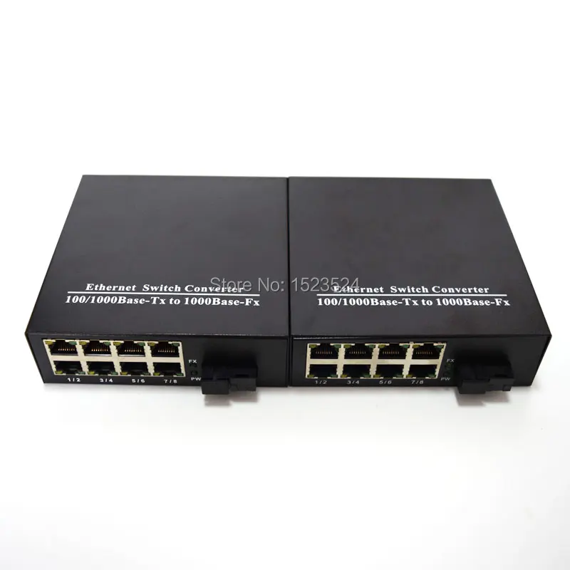 

1 Pair 10/100/1000Mbps Fiber Optic Ethernet Media Converter Gigabite Single Mode Single Fiber with 8 RJ45 UTP and 1 SC Port