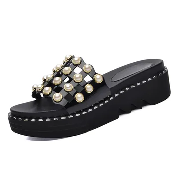 

Wedges Heel Slippers Women Shoes Sexy Summer Black Open Toe Med Heel Slippers Beautiful Rhinestone Slides YG-A0318