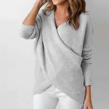 

Fashion knitted Female pullover Womens Long V-Neck Cross Long Sleeve Loose Knitted Casual Jumper Tops elastic Clothings