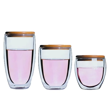 Heat Insulation Bodum Design Wine Cafe Juice Cup Free BPA Double Wall Glass For Bar Sealing Up Travel Coffee Mug With Bamboo LId 3