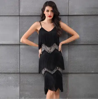 

summer sexy black tassel knee-length strap v-neck sleeveless slit lace gauzy celebrity bandage dresses wholesale women