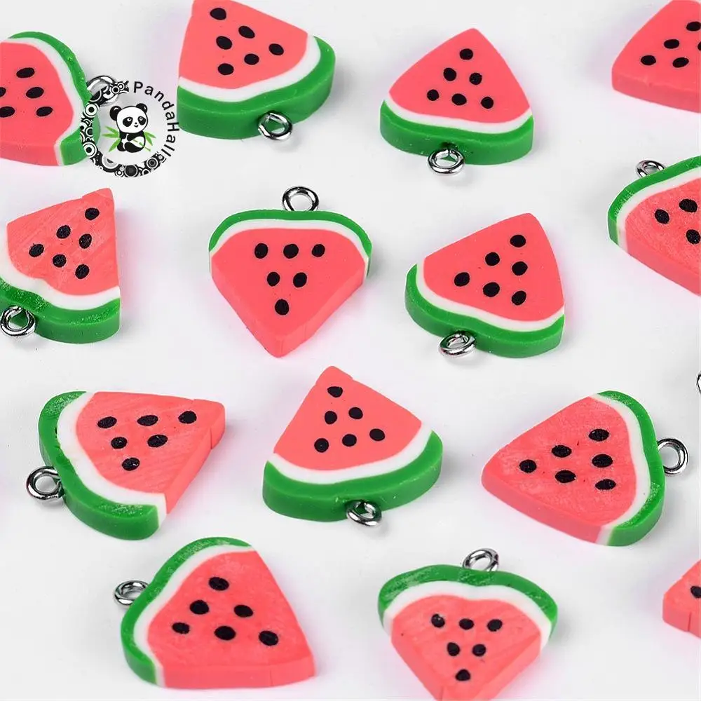 

Polymer Clay Pendants, Watermelon, Red, 21x17x5mm, Hole: 2mm
