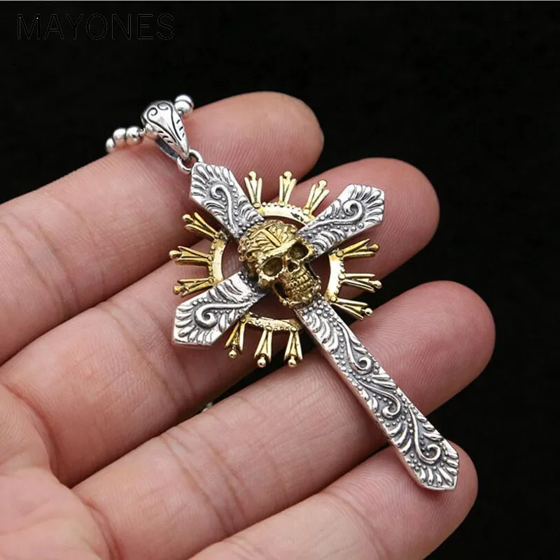 Cross-Skull-Pendant-100-925-sterling-silver-Vintage-necklace-pendant-men-women-Punk-skull-Cross-Pendant