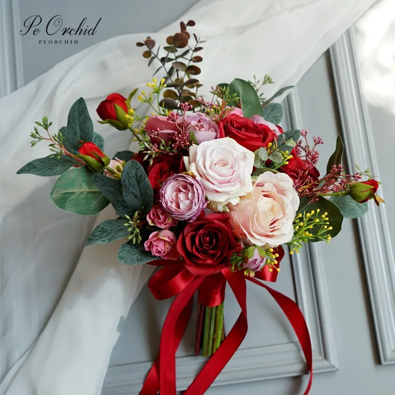 PEORCHID искусственные лесные Свадебные цветы букеты винтажные эвкалипты Красные