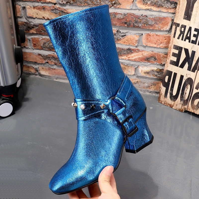 

New bling shiny Mid Calf boots for women Wedge Boots High heels Shoes Fluorescence rivets pearl decor short booties Shoes Woman
