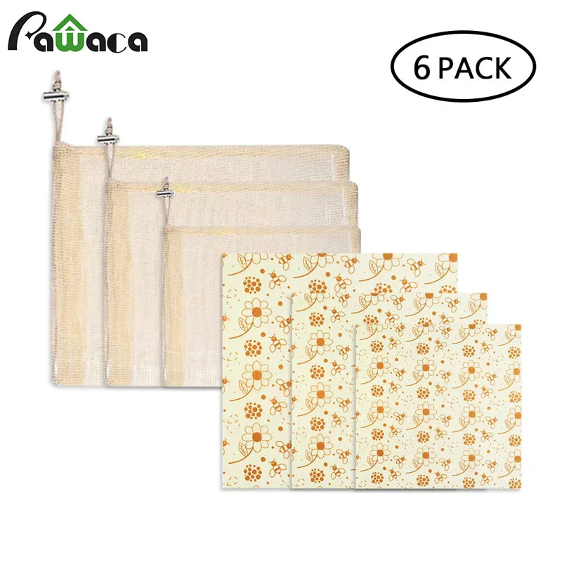 

6pcs/set Reusable Beeswax Food Wrap Seal Food Fresh Keeping Wrap Lid Cover Stretch Washable Mesh Produce Bags with Drawstrings