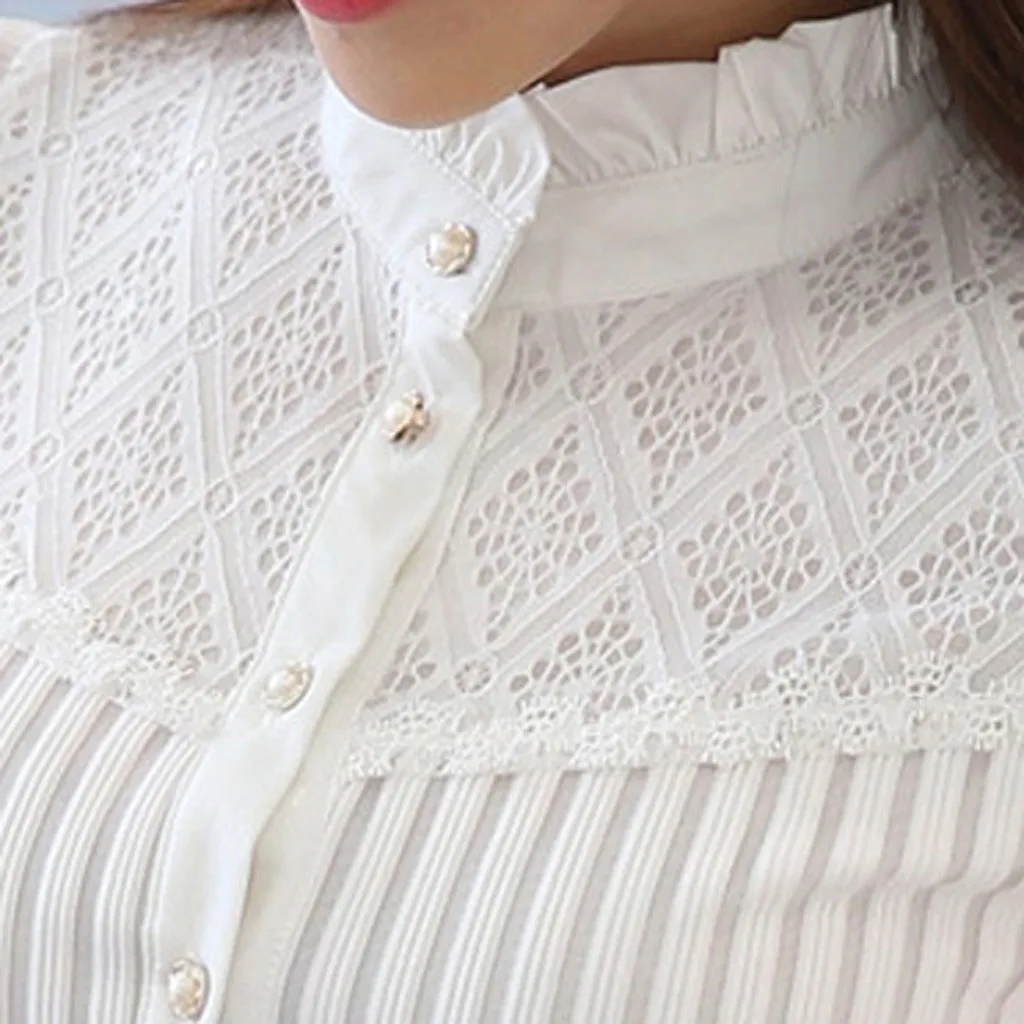 Женская винтажная белая блузка с воротником, плиссированная шифоновая рубашка на пуговицах, кружевная блузка с длинным рукавом, Женские топы и блузки, Новинка