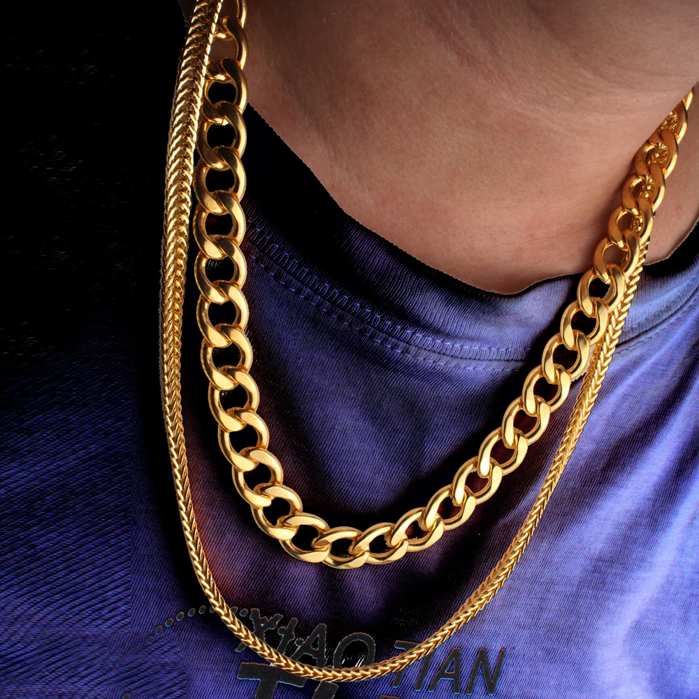 

Hip Hop Men's Sets Necklace 7mm 26'' Franco Chains 12mm 24'' Cuban Necklace Bundle in Gold Color