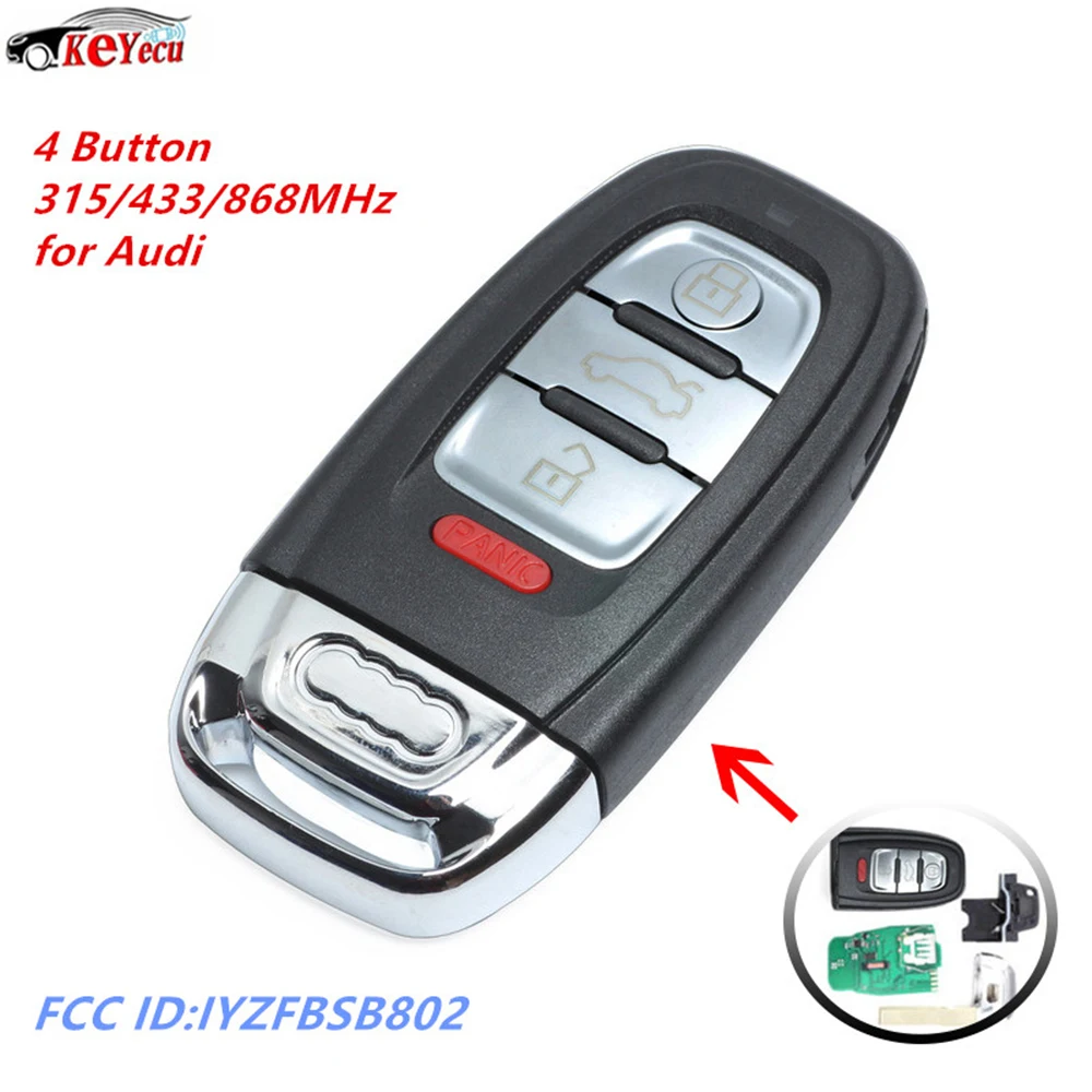 

KEYECU 4 Button Remote Key Fob Select 315/433/868MHz for Audi A3 A4 A5 A6 A8 Quattro Q5 Q7 A6 A8 Part Number FCC ID:IYZFBSB802
