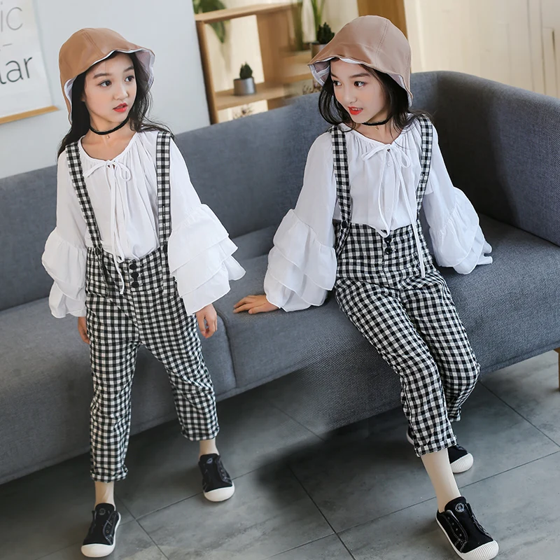 

2018 New Teenage Girls Clothing Sets Kids Spring Costume Children Clothes White Blouses & Shirts + Overalls Jumpsuit 2pcs Set 14