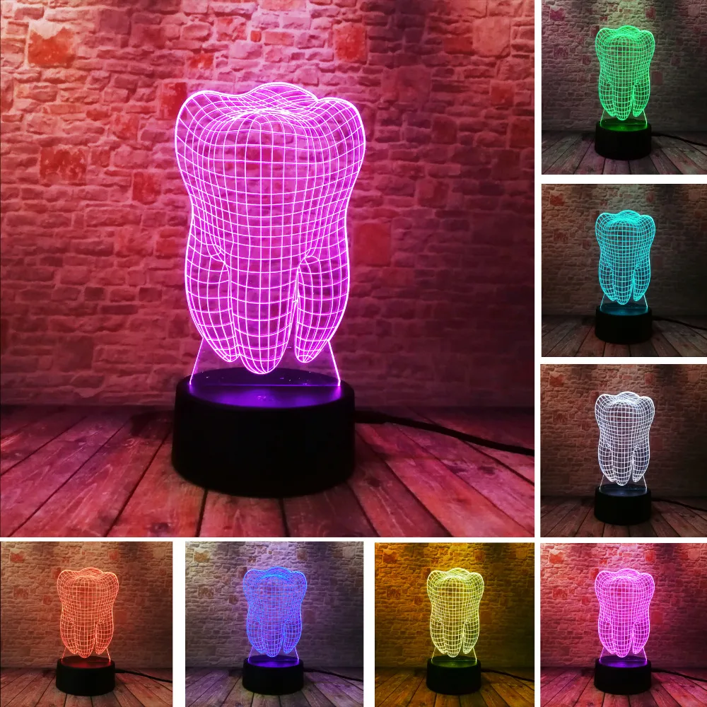 New Fantastic Illusion Tooth 3D LED Night Light Colorful Kids Baby Bedroom Atmosphere Touch Table Cool Lamp as gift for dentist