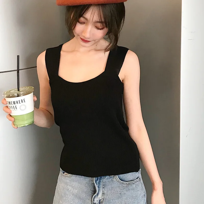 

2019 Sexy Sleeveless Summer Casual Pullover Basic Top Square Collar Knitted Tank Top Women Women Fashion High Elasticity Tops