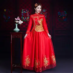 Восточный Азиатский невесты Красота китайская традиционная свадебное платье Для женщин Красный цветочные длинным рукавом Cheongsam халат Qipao