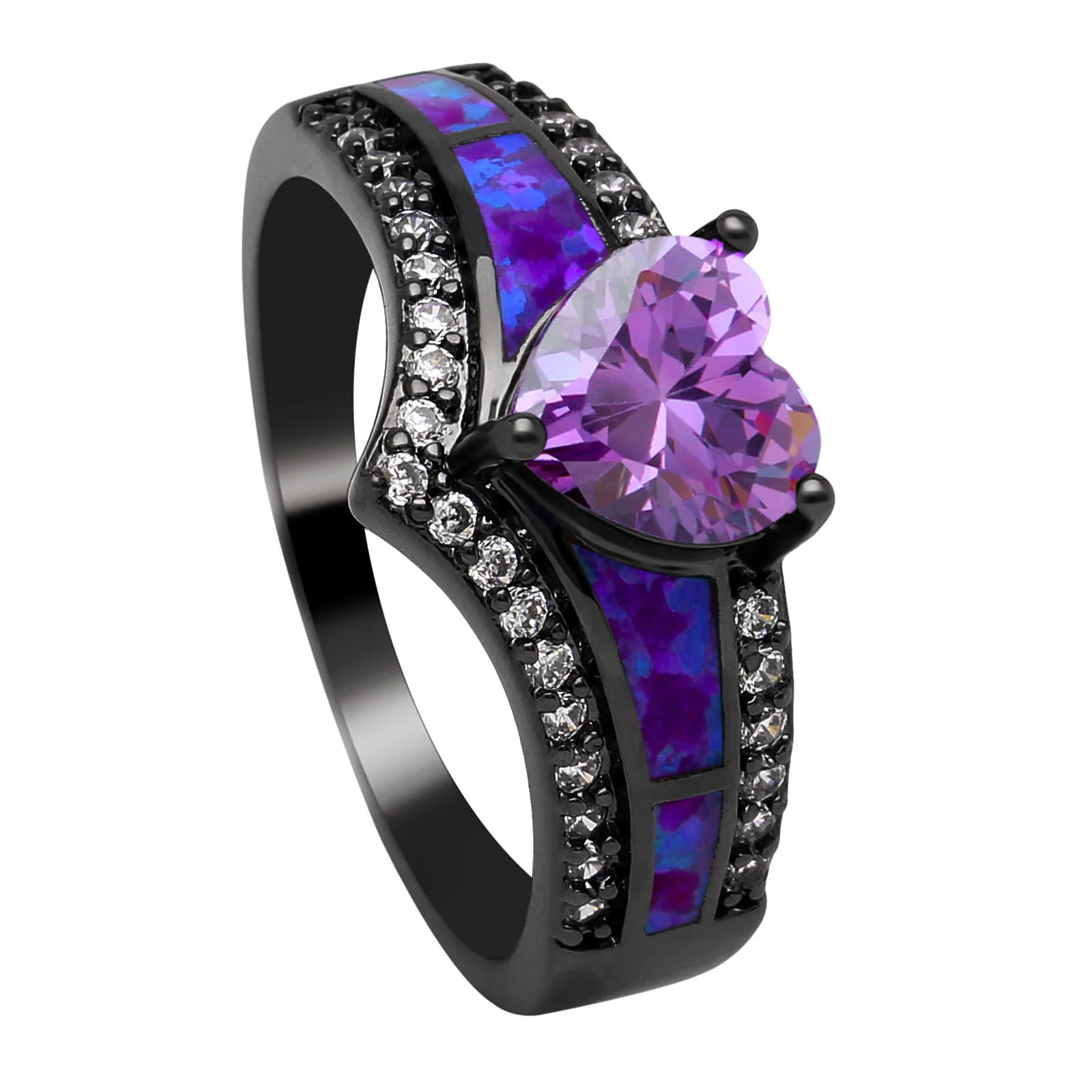 Love Heart Purple Fire Opal Ring Black Gun Wedding