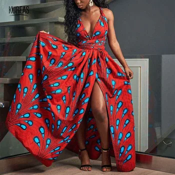 

Kureas African Dresses for Women Dashiki Print Sexy Summer Clothes Vintage Sundress Multi-Way Wrap Ruffle Slit Maxi Dress