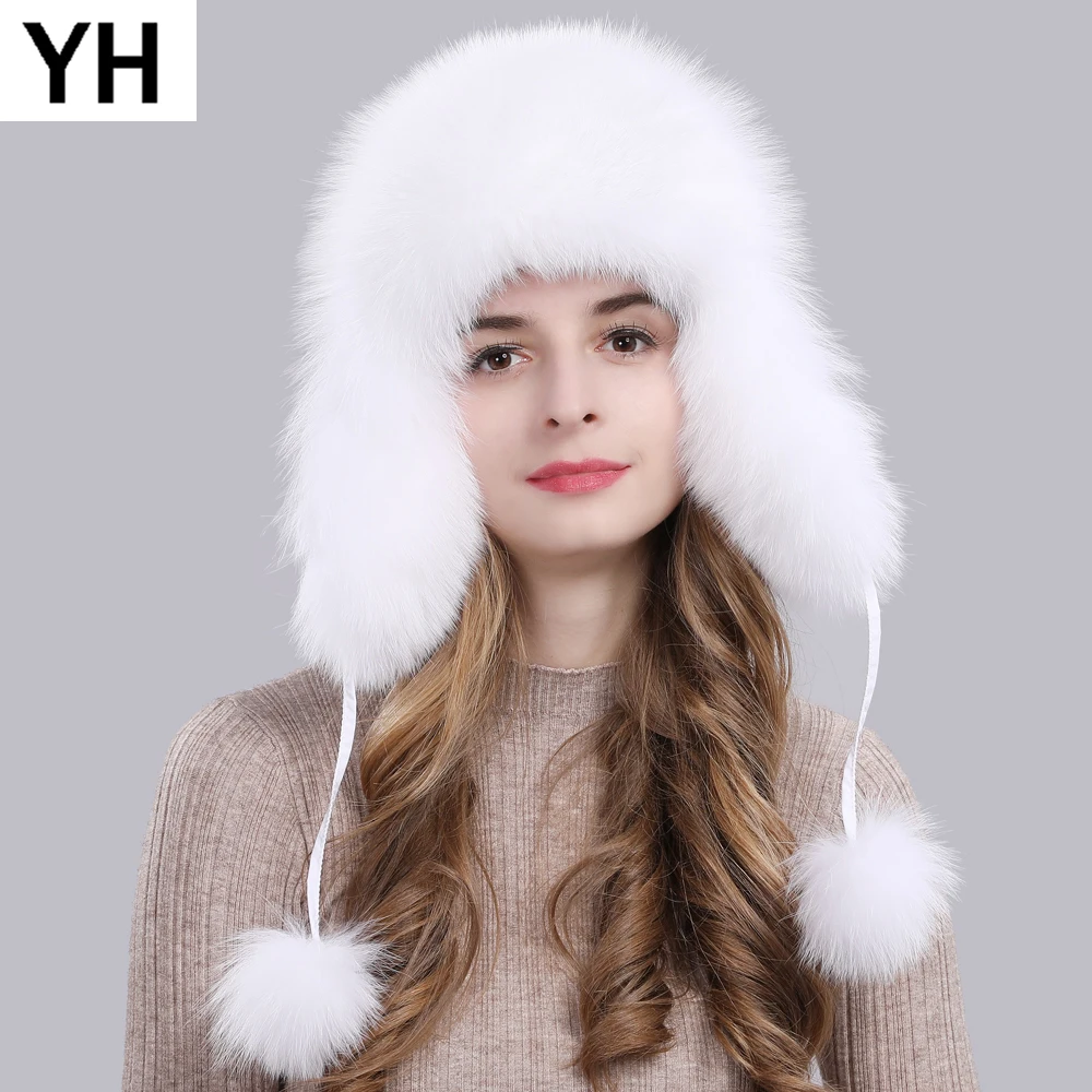 

New Style Winter Genuine Real Fox Fur Hat Women 100% Natural Real Fox Fur Cap 2019 Quality Warm Russia Real Fox Fur Bomber Caps