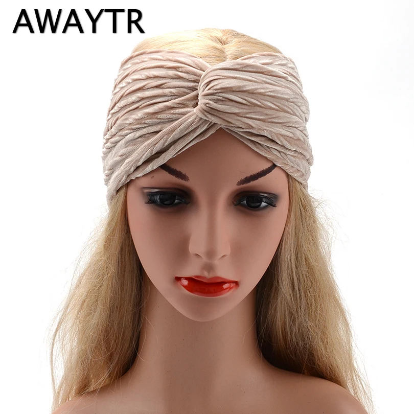 

AWAYTR New Winter Velvet Headband For Women Thick Wide-Brimmed Turban Bandanas Knot Pleated Hair Bands Girls Hair Accessories