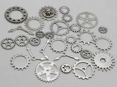 

50 Assorted Tibet Silver Tone Steampunk Filigree Gears Charm Pendant Cogs Discs