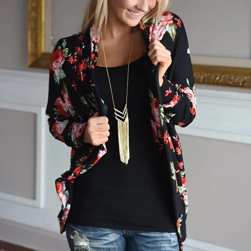 

Autumn Women Casual Outwear Boho Irregular Long Sleeve Wrap Cardigans Loose Floral Print Basic Coats Tops Casacos new