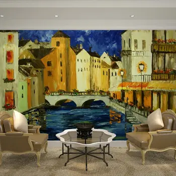 

Vintage Wall Papers Oil Painting Mediterranean Street Photo Wallpaper Mural Home Hotel Decor Self Adhesive Vinyl/Silk Wallpaper