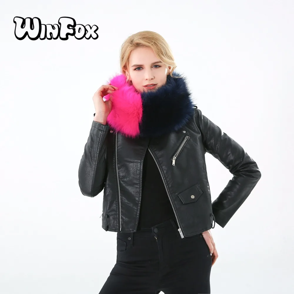 

Winfox 2018 New Ladies Fashion Winter Bright Pink Navy White Patchwork Faux Fur Scarf Neck Warmer For Womens
