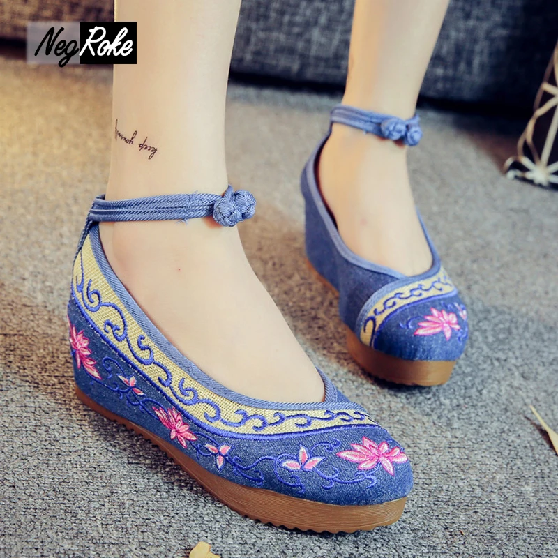 

2016 spring new 5cm wedge heels lotus flower womens embroidery shoes fashion sexy beautiful leisure vintage flats 4 colors