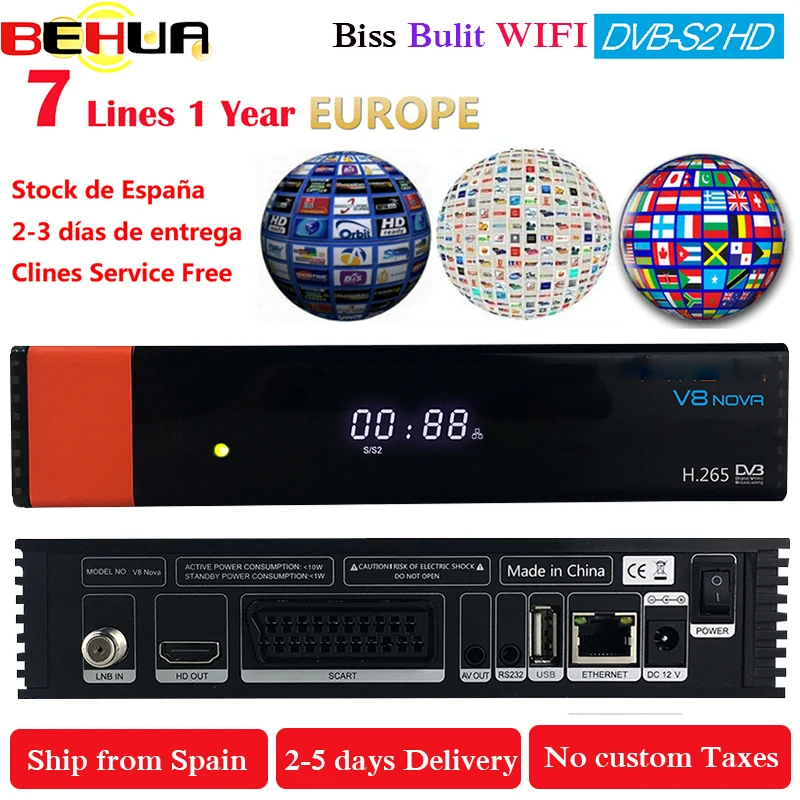 V8 Nova DVB-S2 Satellite Receiver+1 Year Free 7 Clines for Spain Portugal Europe 4K Decoder With EPG PK Freesat V7 HD V8 Super