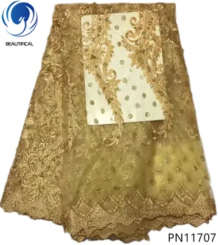 

BEAUTIFICAL Gold african lace fabrics High quality embroidery tulle mesh lace fabric for dress nigerian lace fabric 5yards PN117