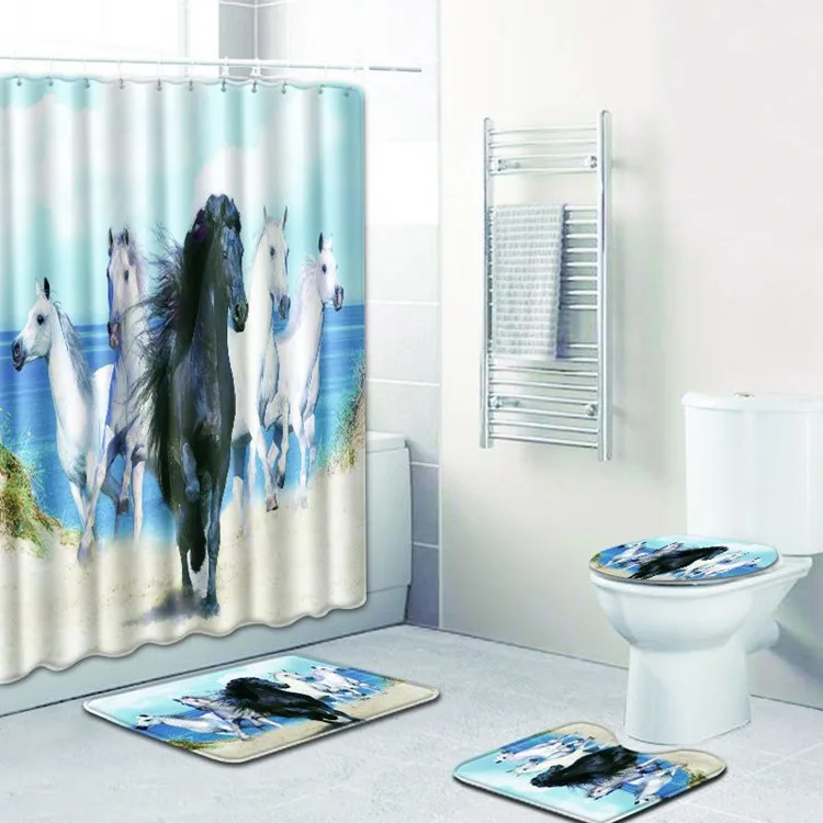 Бесплатная доставка 4 шт. черный цвет Лошадь Banyo коврики для ванной набор Нескользящие Ванная комната Tapete Banheiro моющиеся туалет ковры Alfombra Bano