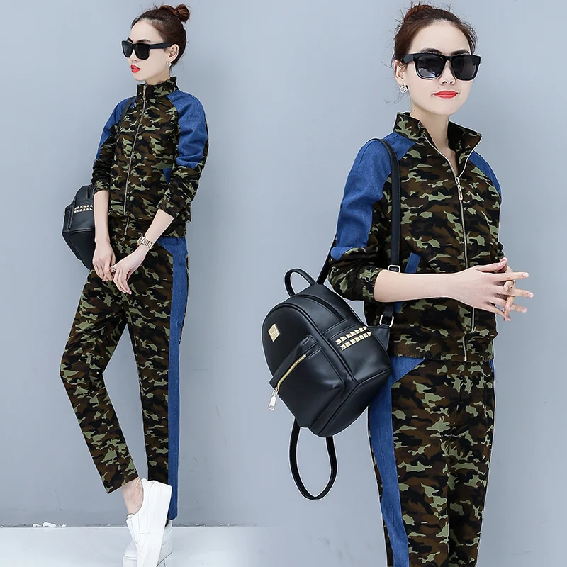 

Large size 2018 spring army fashion camouflage splicing suit women casual jacket+long pant denim costume sweatshirts 2 piece set