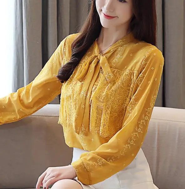 Ladies Spring 2019 New Long Sleeve pink lace bow Chiffon blouse Bow tie