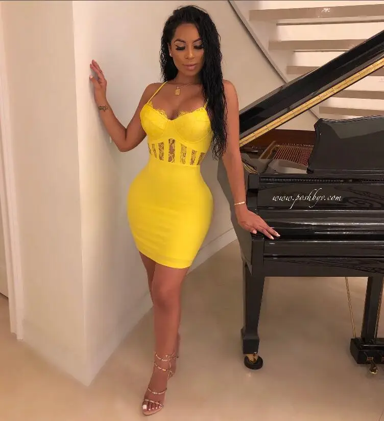 

Newest Ladies Sexy V Neck Lace Yellow Bandage Dress 2019 Knitted Elastic Party Dress