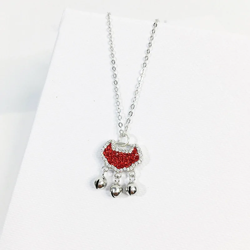 

925 silver women fashion jewelry Chinese ethnic Long Life Lock red/black zircon crystal & round bell pendant necklace 2019 new