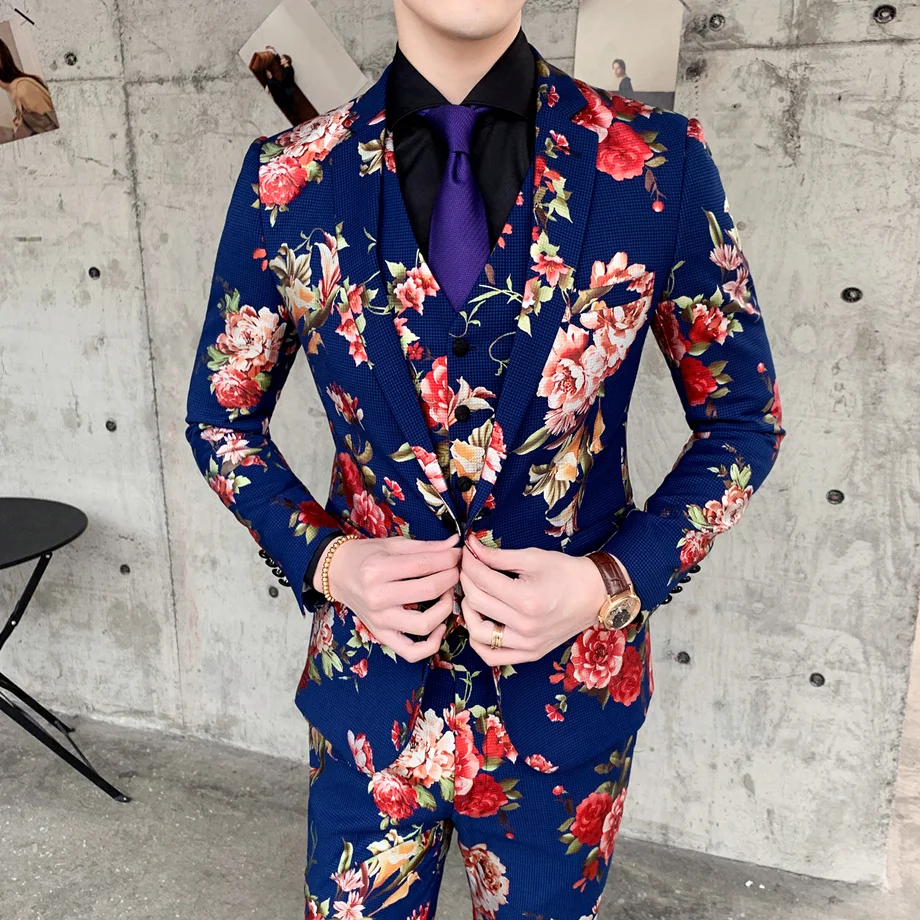 

Slim Fit Floral Suits For Men Elegant Blue Men's Wedding Suit 2019 High Quality Prom Dress Mens Suits With Flower Designs Q655