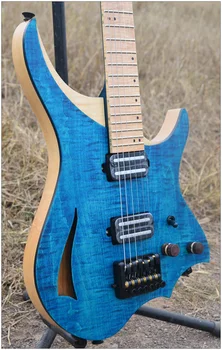 

Headless Electric Guitar style Model Purple blue color 6mm Flame maple top and Neck in stock Guitar free shipping