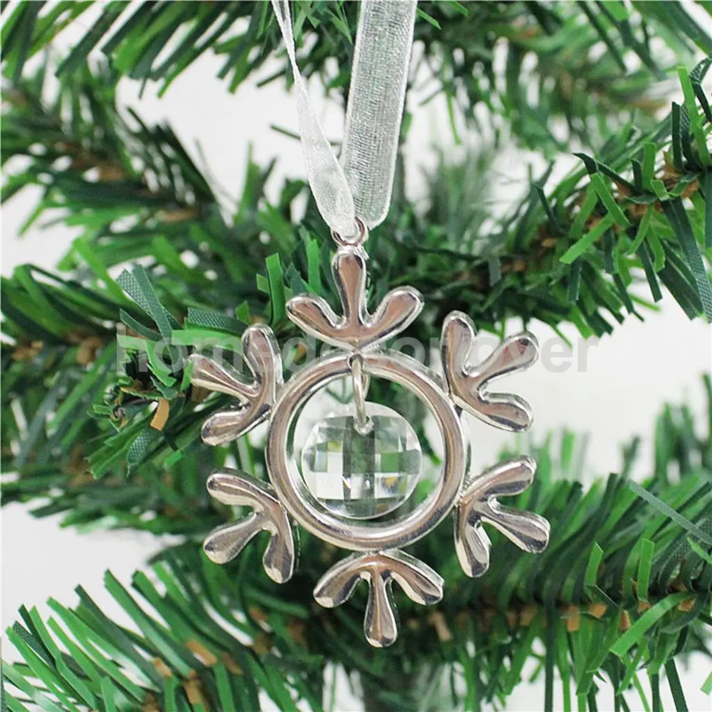 

Christmas Ornament Silver Alloy Crystal Hanging Ornament with Ribbon Xmas Home Decor Snowflake