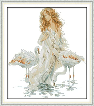 

The girl with the crane, counted printed on fabric DMC 14CT 11CT Cross Stitch kits,embroidery needlework Sets, Home Decor