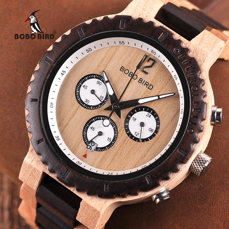 BOBO BIRD Men Watch relogio masculino Wooden Chronograph Watches Luxury Design Bright Wood Color Quartz Wristwatches C-R08