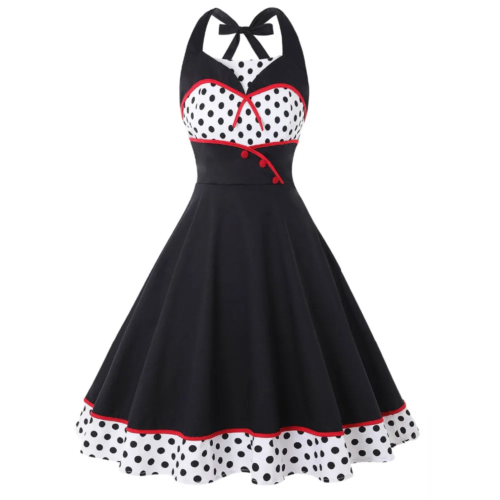 

Women Elegant Polka Dots Hater 1950s Vintage Dress Woman Patchwork Button Decor Retro Swing Rockabilly Dress 50s Party Dresses