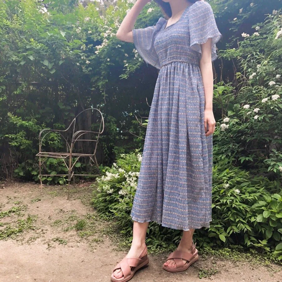 

2019 Korean Blue Square Collar Elegant Summer Dress Women Flare Sleeve Sweet Long Dress Female A-Line Stripe Dress Vestido