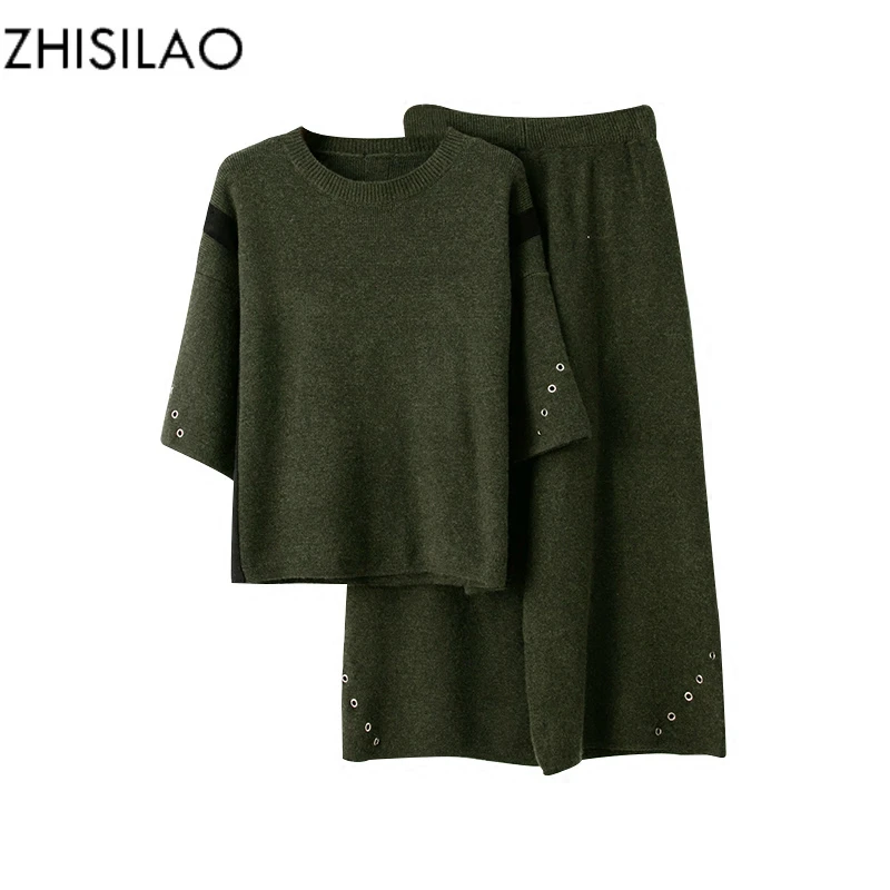 

ZHISILAO 2018 Tracksuit Woman Winter Knitted Sweater Two Sets Solid Two Piece Set Wide Leg Pants Cashmere Suit Loose Knitted
