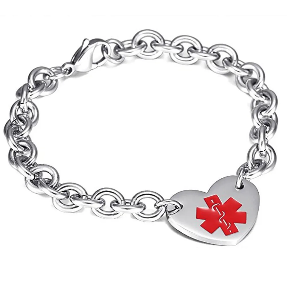 Medical Alert ID Bracelets Stianless Steel with Heart shape Pendant ...