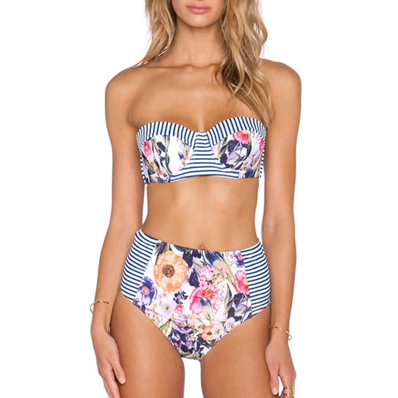 

High Quality Women Striped Print Bikini Suit Tops with Pants Sleeveless High Waist Swimsuit for Summer NCM99