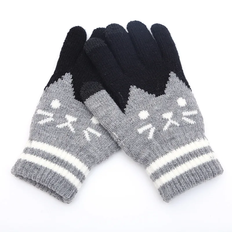 Cute Kitty Five Fingers Women's Knitting Touch Screen Gloves Jacquard Touch Screen Fingers Fashion Warm Gloves B46