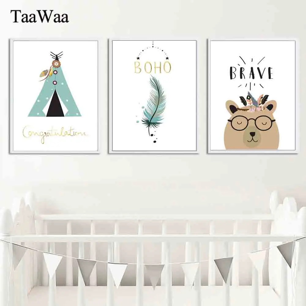 

TAAWAA Feather Bear Quote Canvas Panting Posters and Prints Nordic Style Wall Art Decorative Pictures for Kids Room Decoration