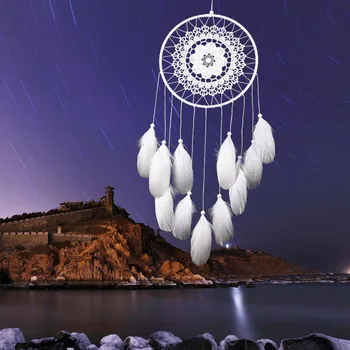 

White Lace Flower Dreamcatcher Wind Chimes Indian Style Feather Pendant Dream Catcher Creative Car Hanging Decor Supplies