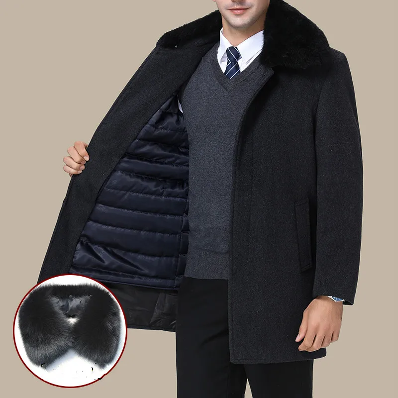 Настоящий меховой воротник из кролика Рекс шерстяное пальто осенне-зимняя куртка мужская деловая повседневная мужская куртка толстый теплый Тренч для мужчин ZT1765 - Цвет: regular-DeepGray-Rab