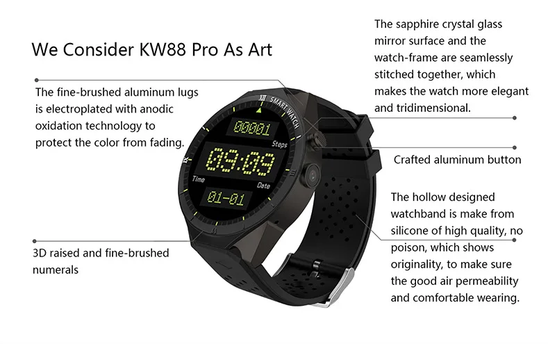 Смарт-часы KW88 Pro, Android 7,0, 1 Гб+ 16 ГБ, Bluetooth 4,0, умные часы, мужские наручные часы с поддержкой sim-карты, gps карты, Wi-Fi, 3g часы