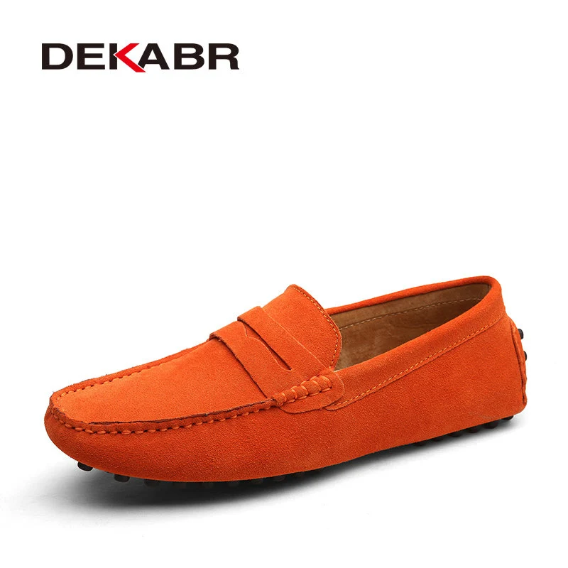 Мужские серые стильные мягкие мокасины DEKABR, модные туфли из натуральной кожи, брендовая обувь на плоской подошве, лето-осень - Цвет: 01 Orange